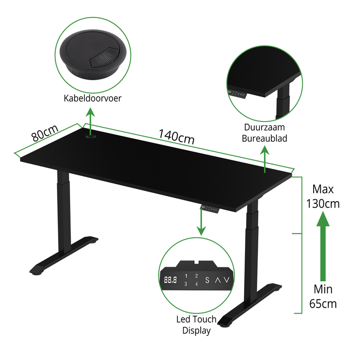 Zit-sta bureau S2 140x80 Zwart / Intens zwart