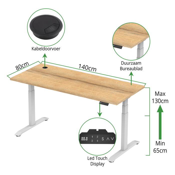 Zit-sta bureau S2 140x80 Wit / Authentiek eiken