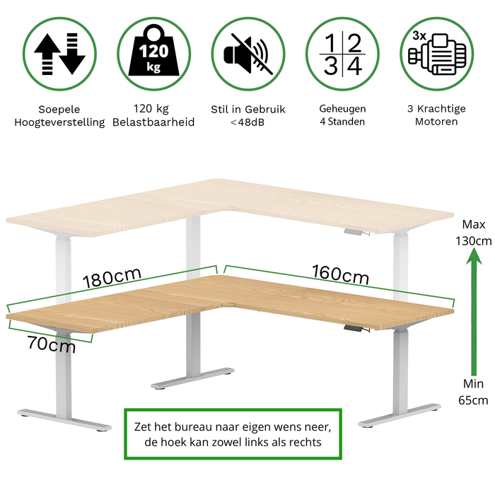 Zit-sta hoekbureau 180x160x70 Wit / Naturel eiken