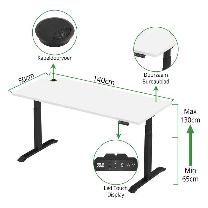 Zit-sta bureau S2 140x80 Zwart RAL / Puur wit