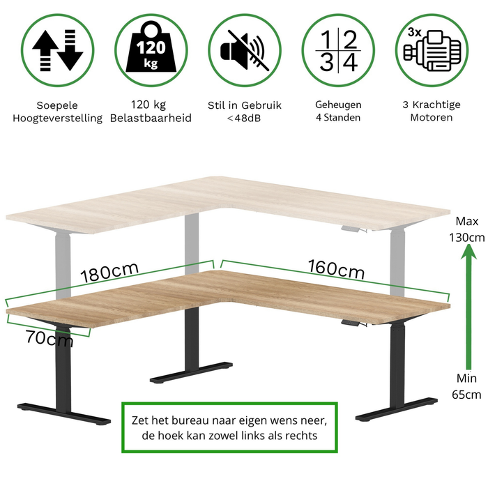 Zit-sta hoekbureau 180x160x70 Zwart / Vintage eiken