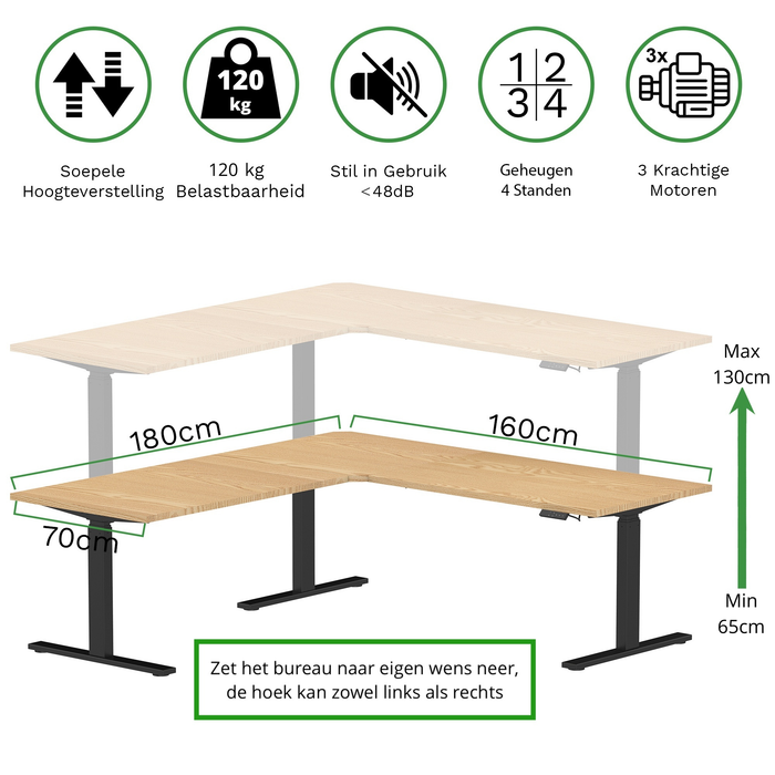 Zit-sta hoekbureau 180x160x70 Zwart / Naturel licht eiken