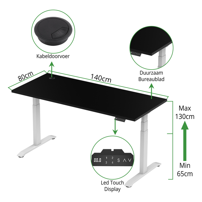 Zit-sta bureau S2 140x80 Wit / Intens zwart