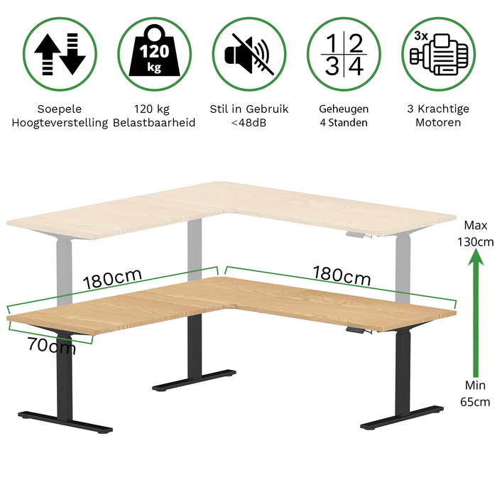 Zit-sta hoekbureau 180x180x70 Zwart / Naturel licht eiken