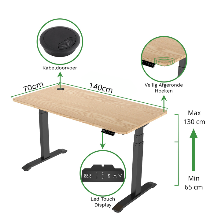 Zit-sta bureau S2 140x70 Zwart / Naturel eiken