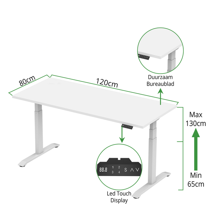 Zit-sta bureau S2 120x80 Wit / Puur wit