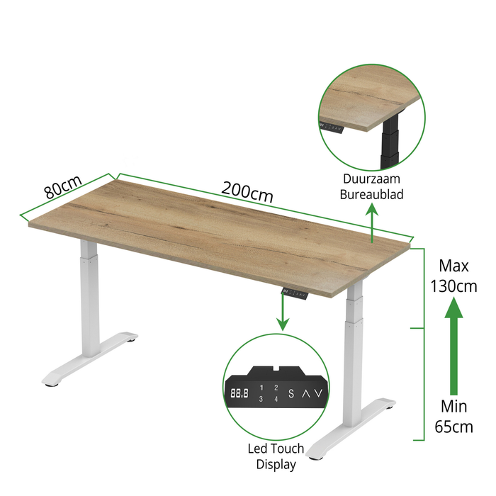 Zit-sta bureau S2 200x80 Wit / Authentiek eiken