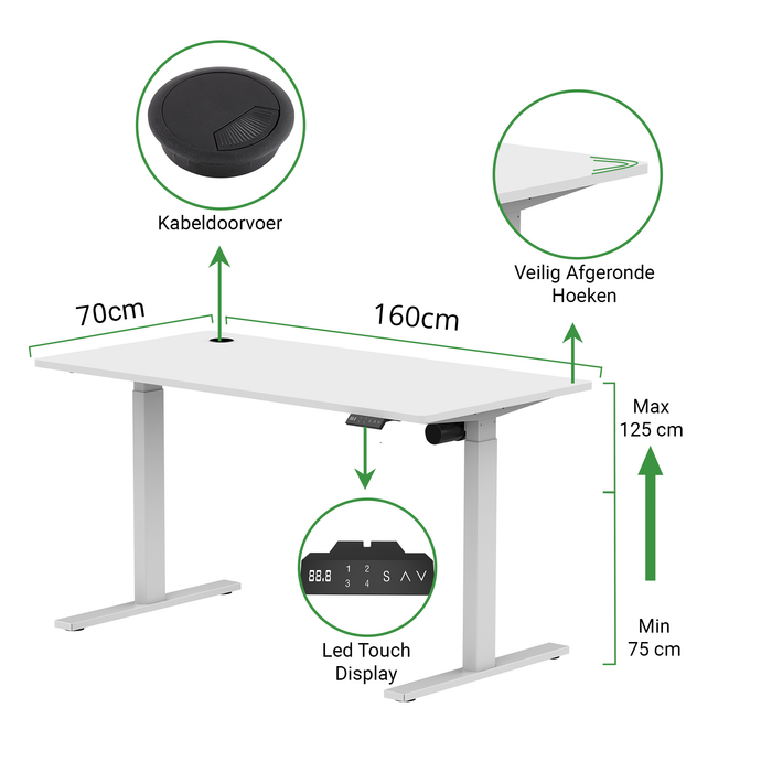 Zit-sta bureau S1 160x70 Wit / Puur wit