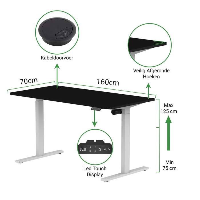 Zit-sta bureau S1 160x70 Wit / Intens zwart