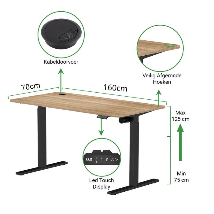Zit-sta bureau S1 160x70 Zwart / Vintage eiken