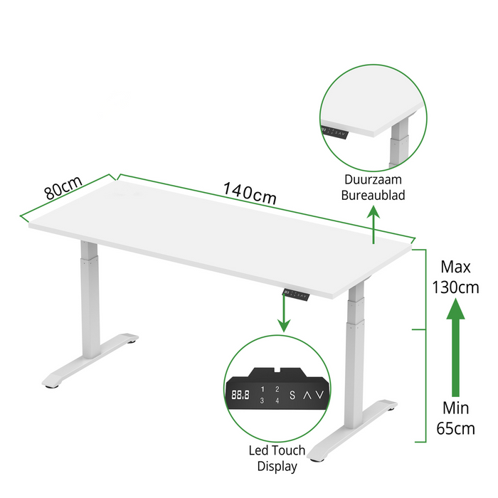 Zit-sta bureau S2 140x80 Wit / Puur wit