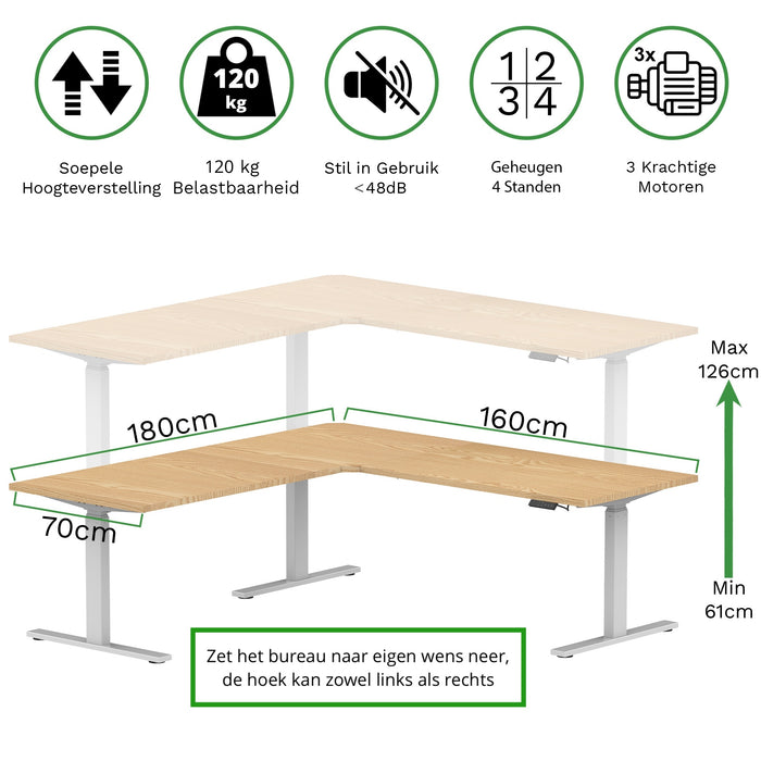 Zit-sta hoekbureau 180x160x70 Wit / Naturel eiken