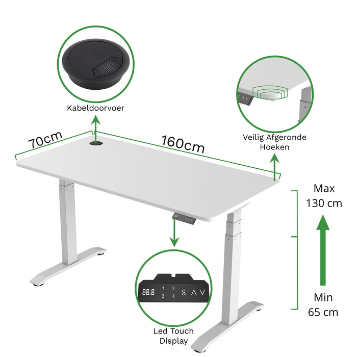 Zit-sta bureau 160x70 Wit / Puur wit