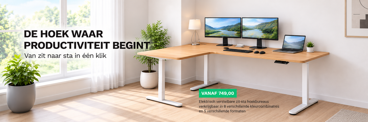 Elektrisch zit-sta hoekbureau met houten bureaublad en wit onderstel