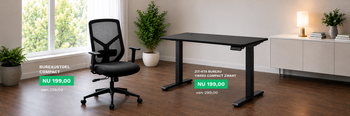 Zwart zit-sta bureau met ergonomische bureaustoel Compact in moderne thuiswerkplek